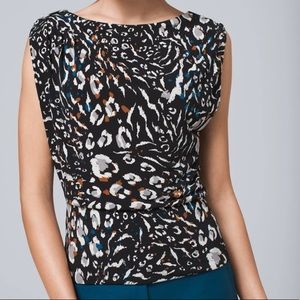 White House Black Market WHBM | blue brown cream black leopard blouse